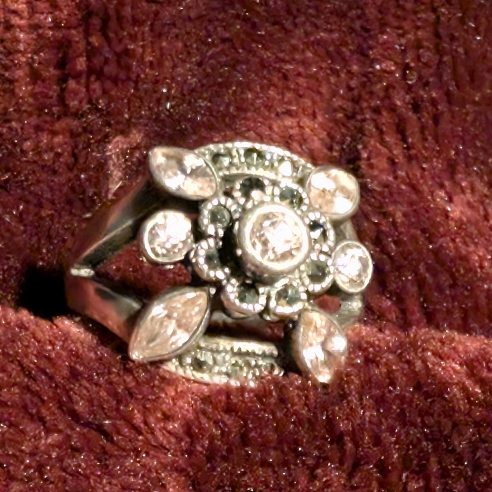 Silver Crystal And Marcacite Statement Ring